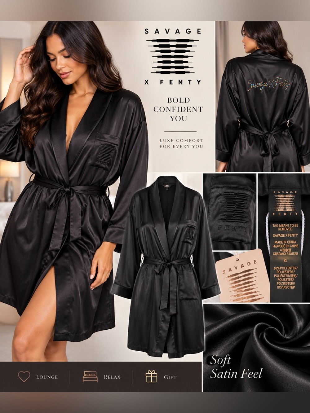 Savage X Fenty Black Satin Tie-Waist Robe